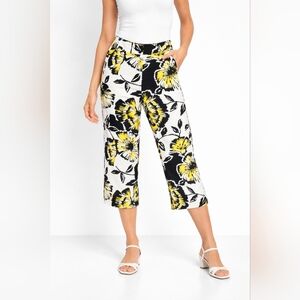 Sandro Cropped Pants Womens 8 Floral Wide Leg Black White Yellow Mod Bold Groovy